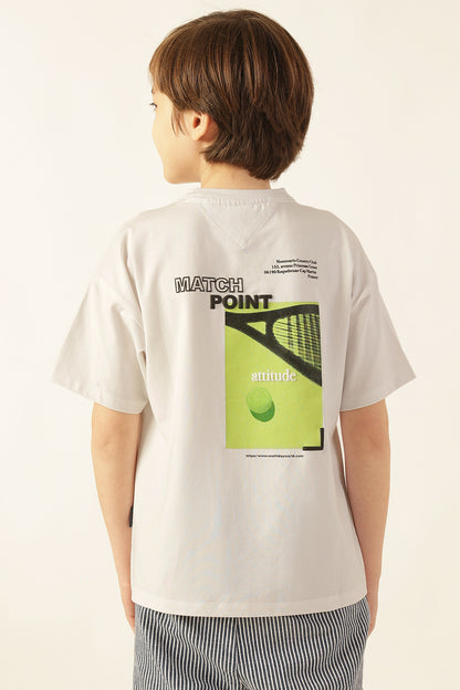 Boys White Printed Round Neck Knit T-Shirt