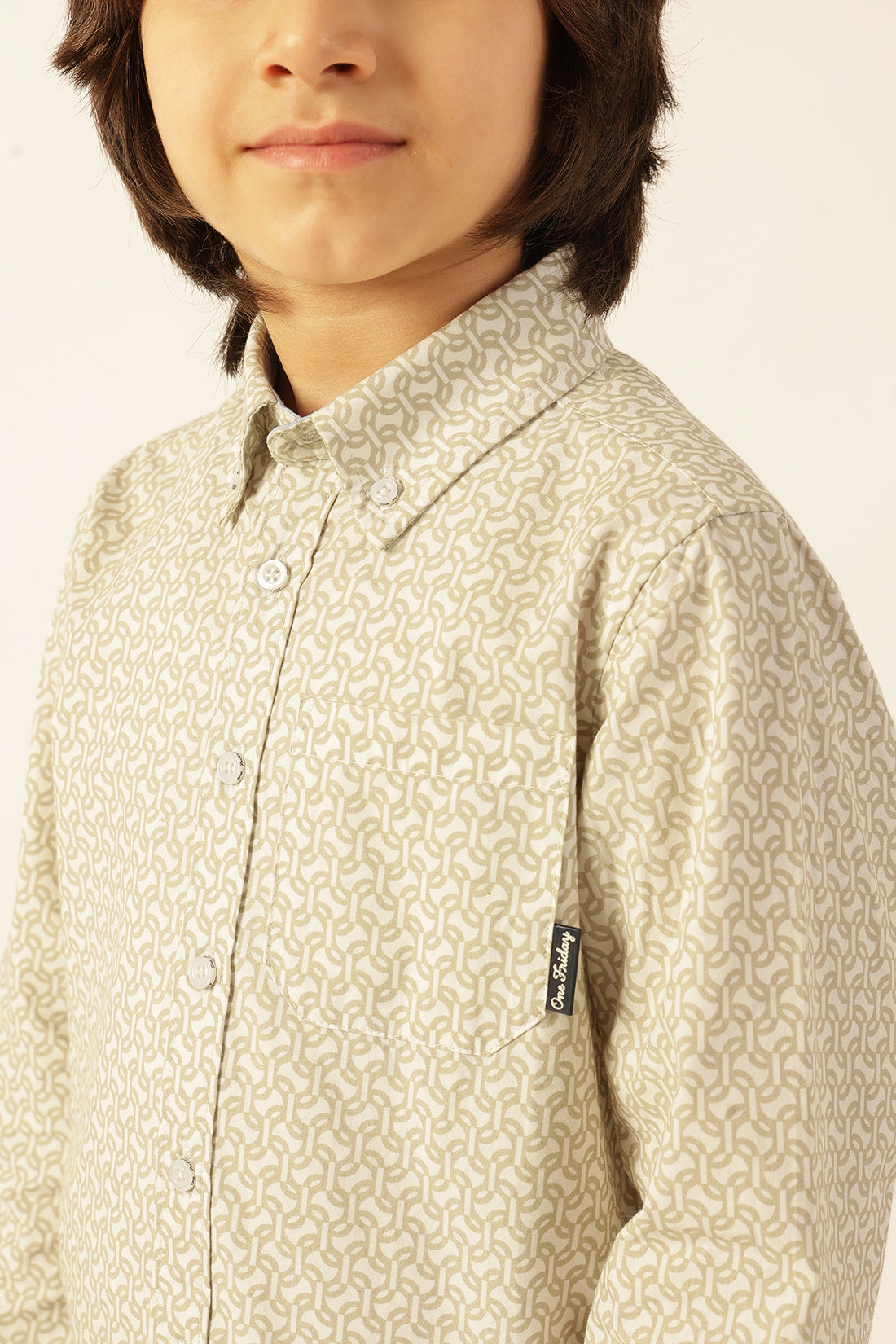 Boys Beige Abstract Print Shirt