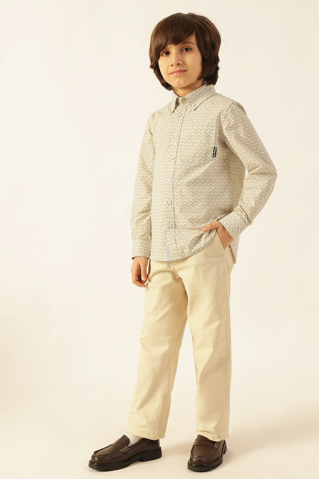 Boys Beige Abstract Print Shirt