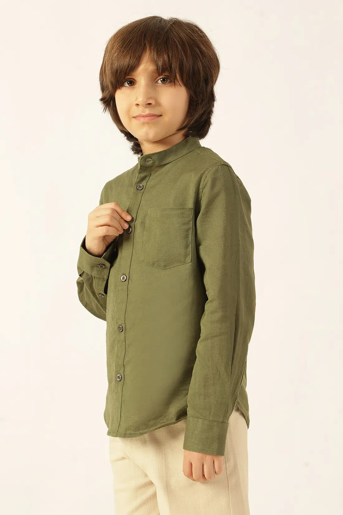Boys Olive Cotton Linen Shirt