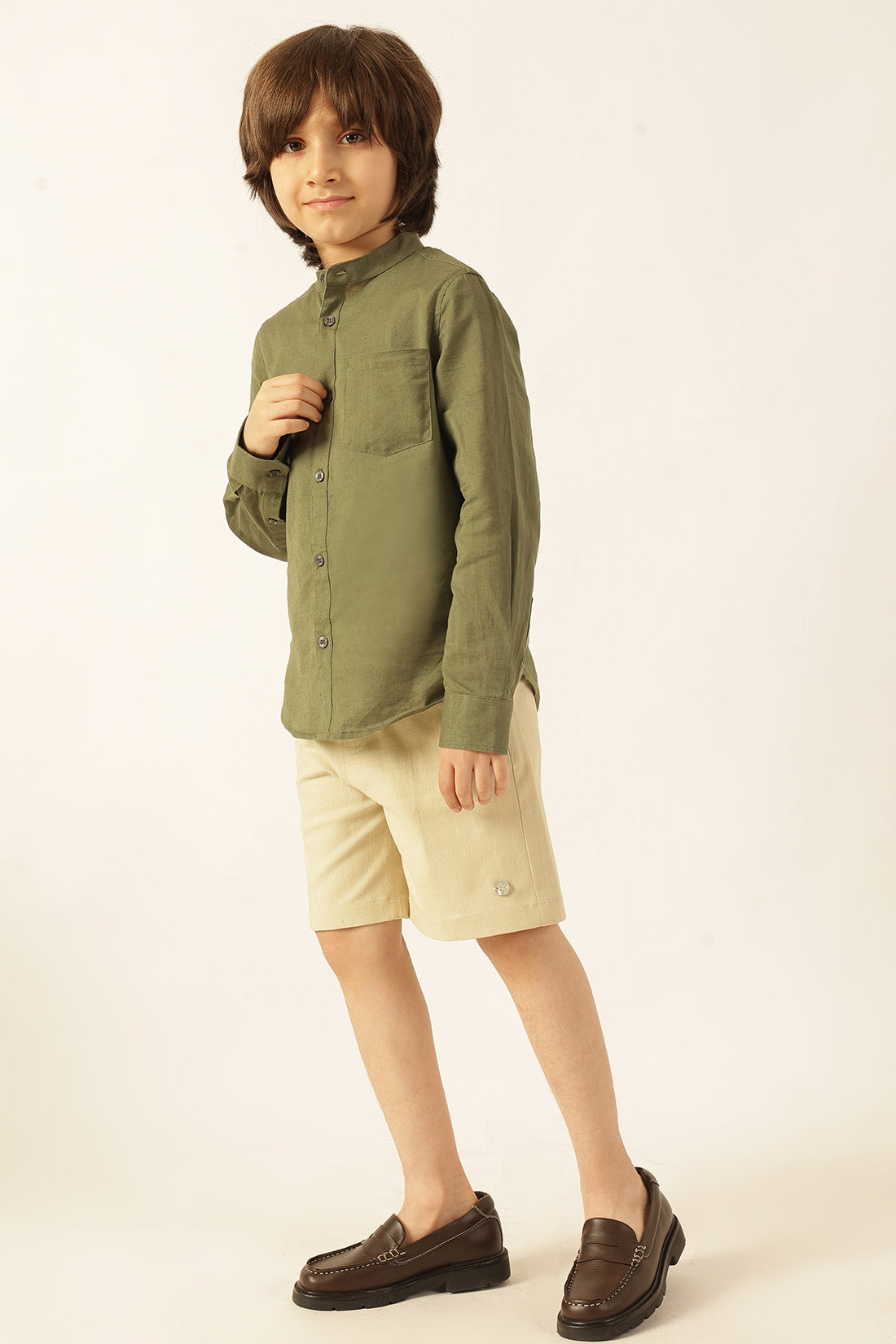 Boys Beige Solid Cotton Slub Shorts