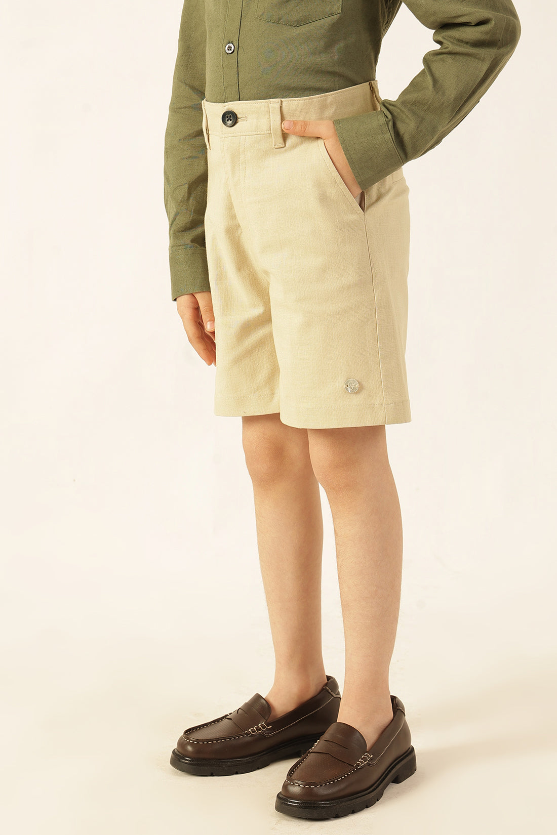 Boys Beige Solid Cotton Slub Shorts