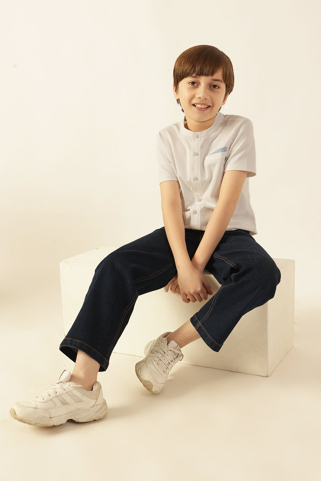 Boys White Solid Knit Cotton Shirt