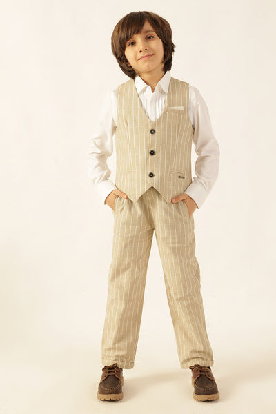 Boys Beige Striped Yarn Dyed Waistcoat