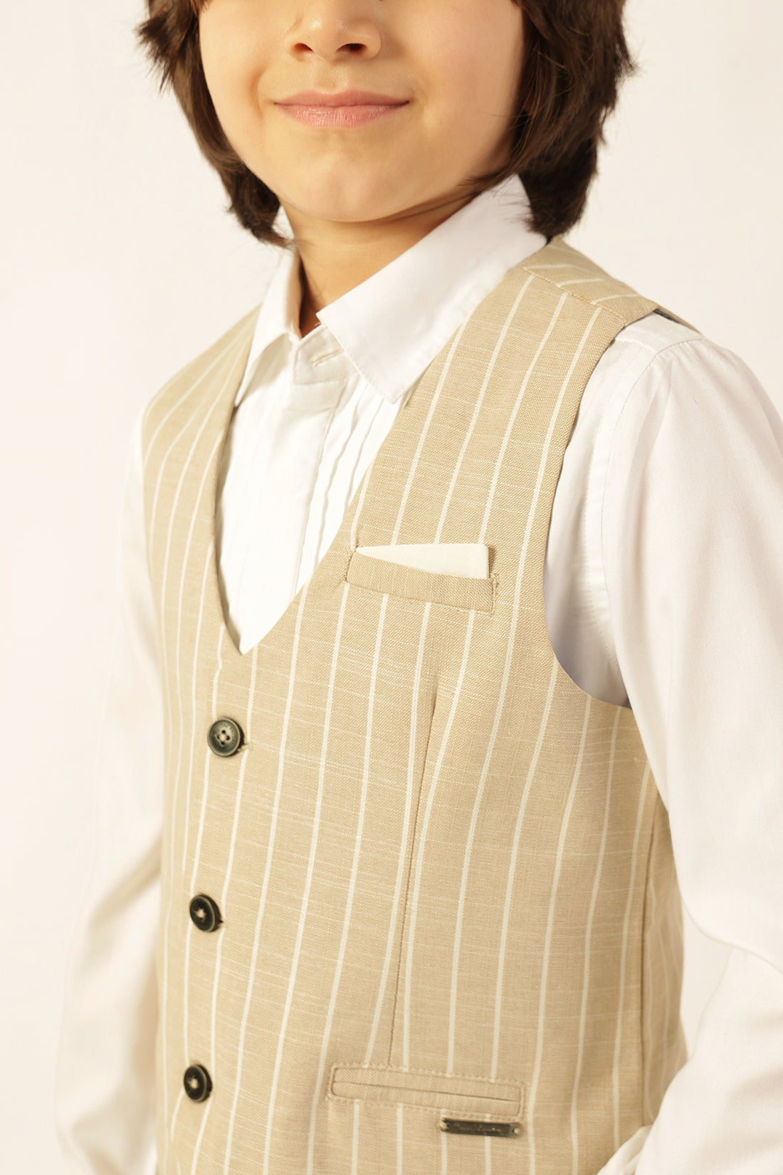 Boys Beige Striped Yarn Dyed Waistcoat