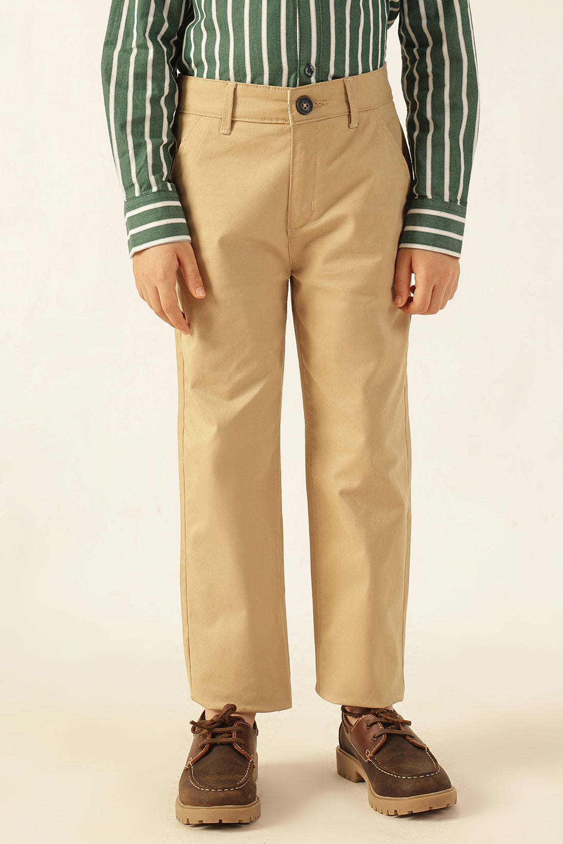 Boys Beige Solid Embellished Twill Trousers