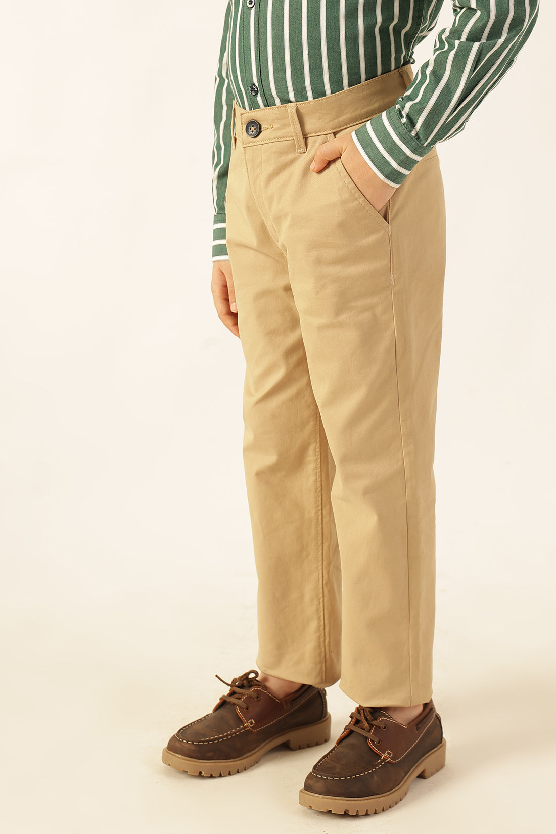 Boys Beige Solid Embellished Twill Trousers