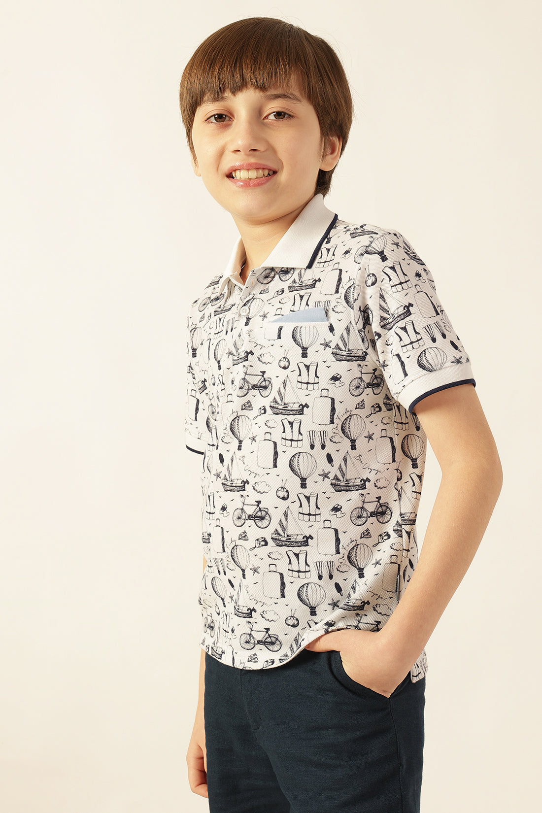 Boys White Abstract Polo Neck Knit T-Shirt