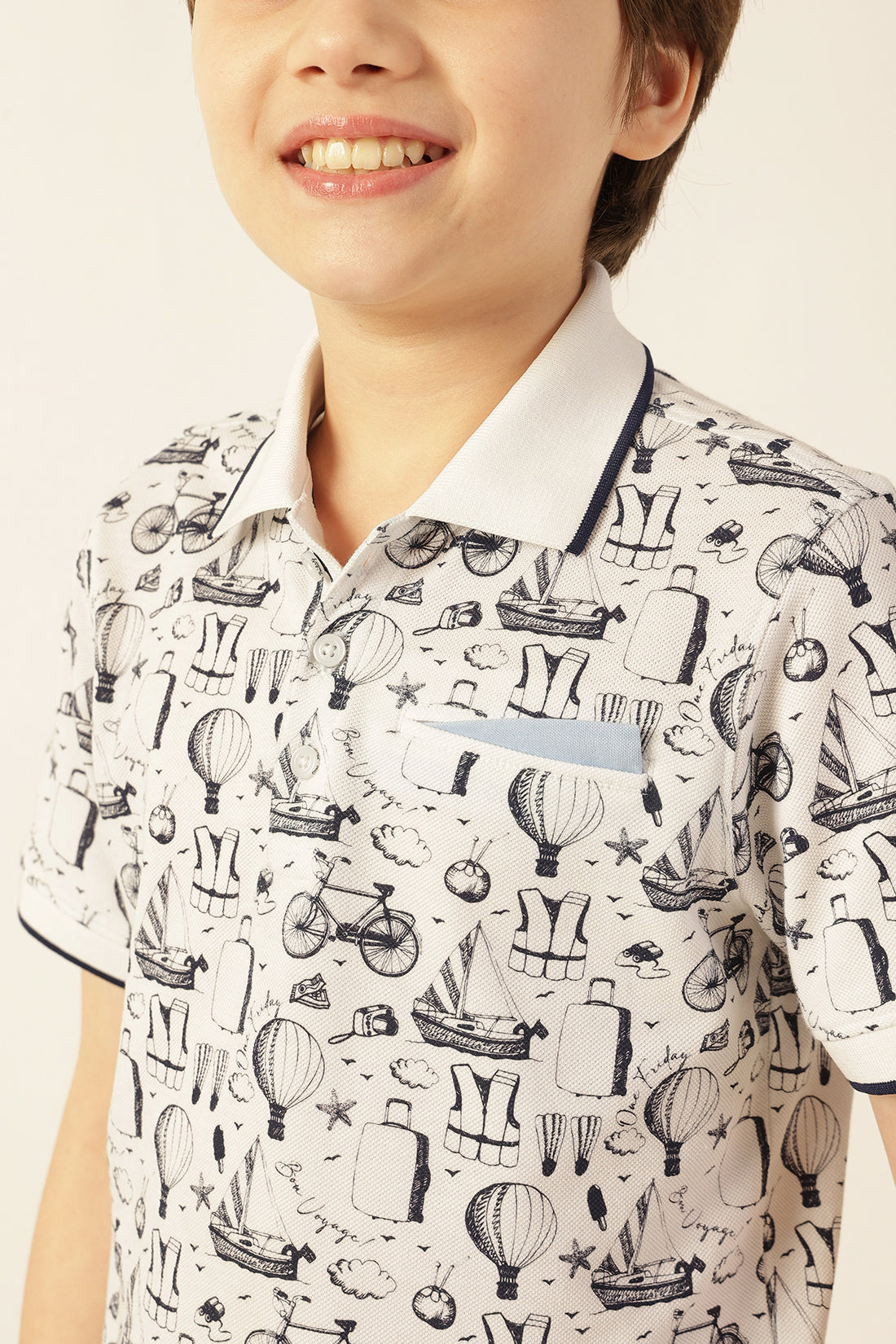 Boys White Abstract Polo Neck Knit T-Shirt