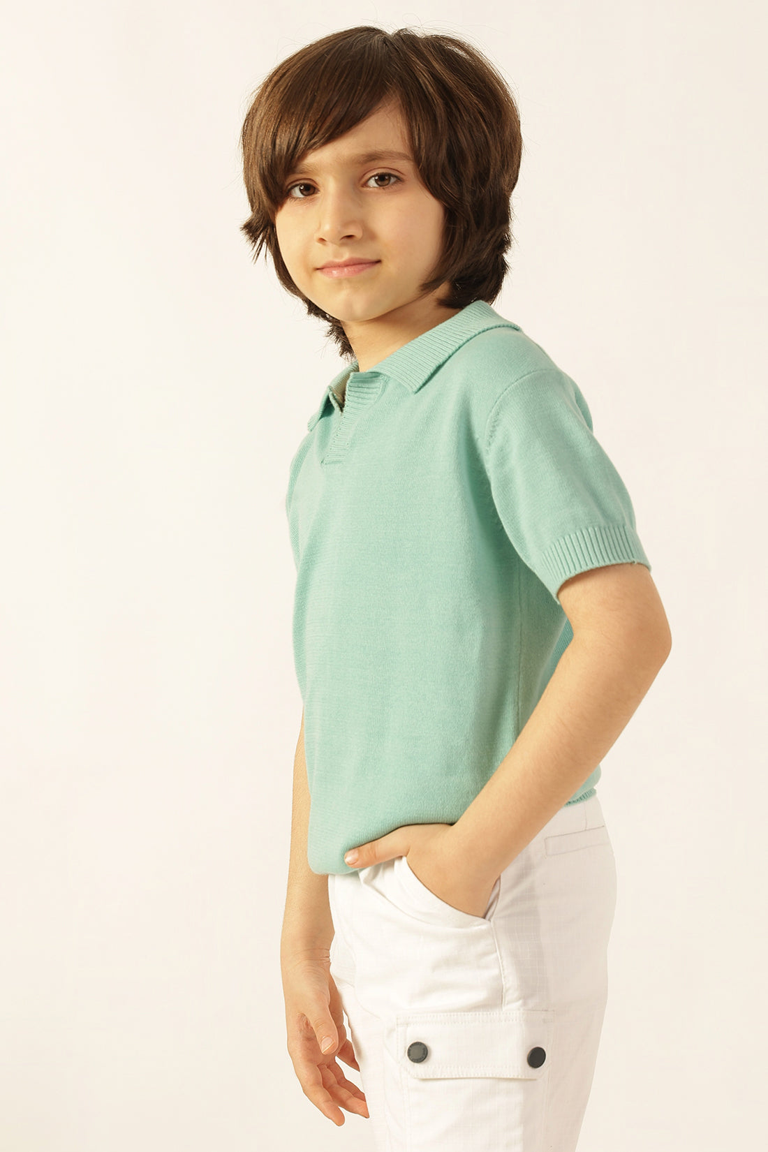 Boys Green Solid Cotton Polo T-Shirt