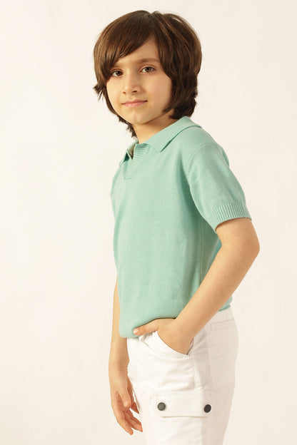 Boys Green Solid Cotton Polo T-Shirt