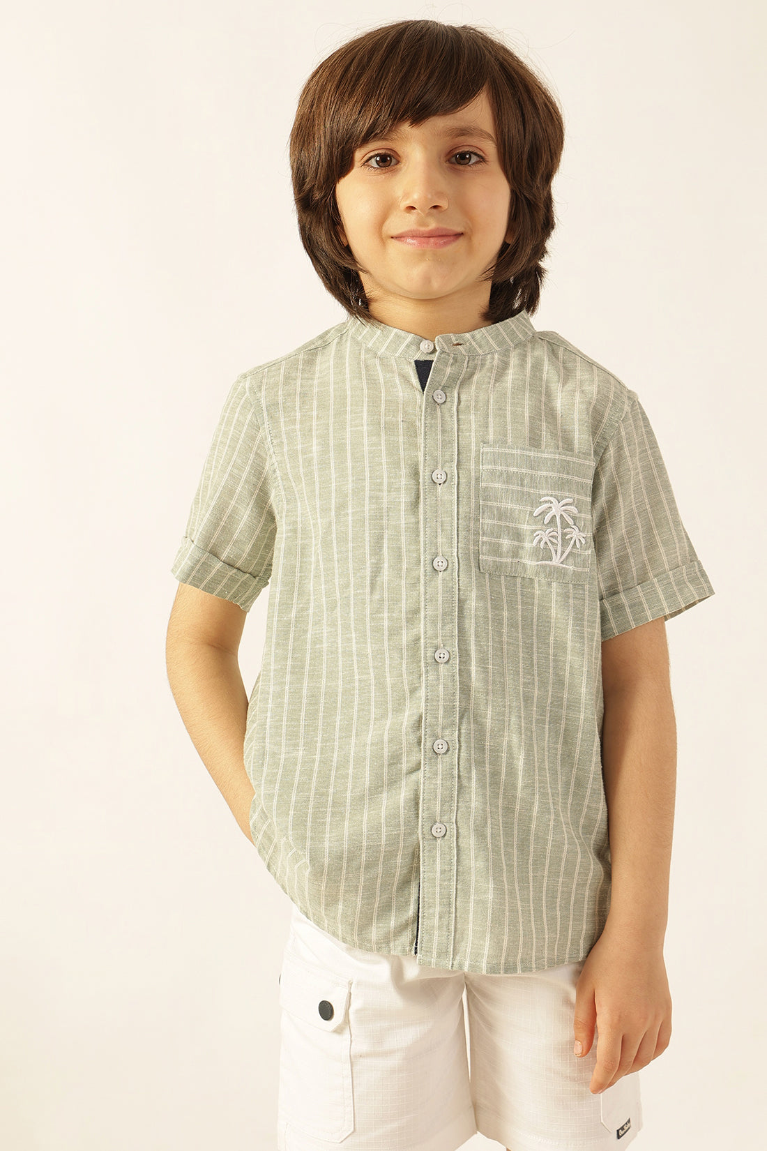 Boys Green Striped Embroidered Shirt