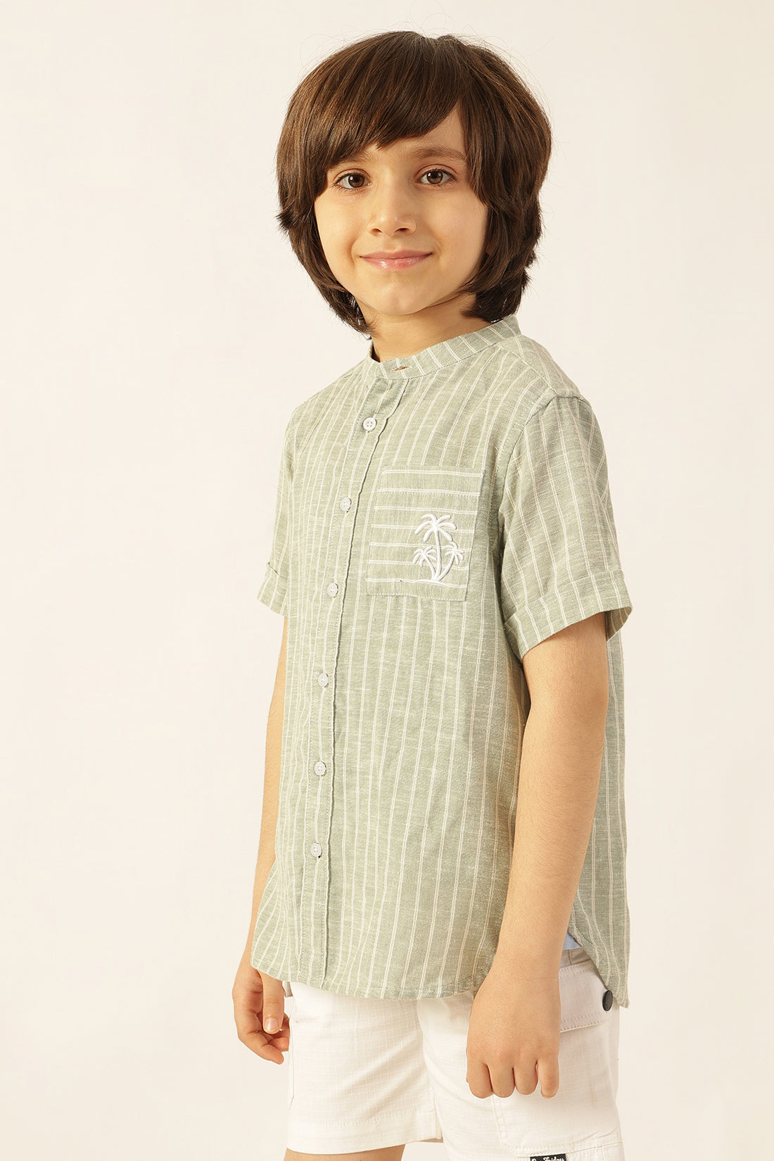 Boys Green Striped Embroidered Shirt