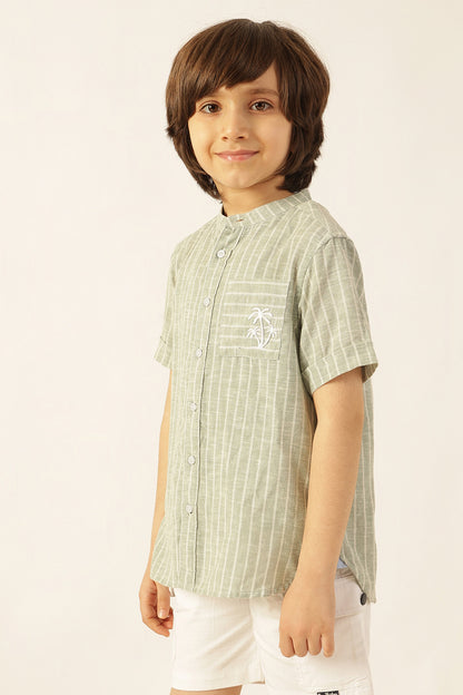 Boys Green Striped Embroidered Shirt