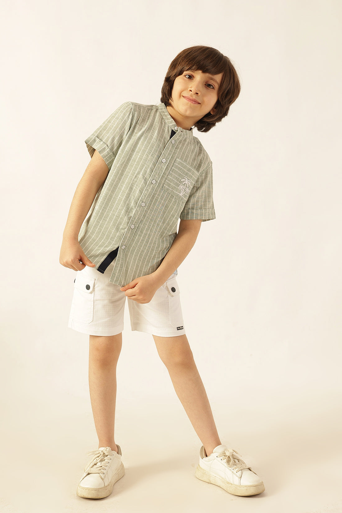 Boys Green Striped Embroidered Shirt