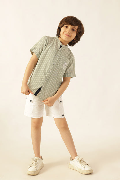 Boys Green Striped Embroidered Shirt