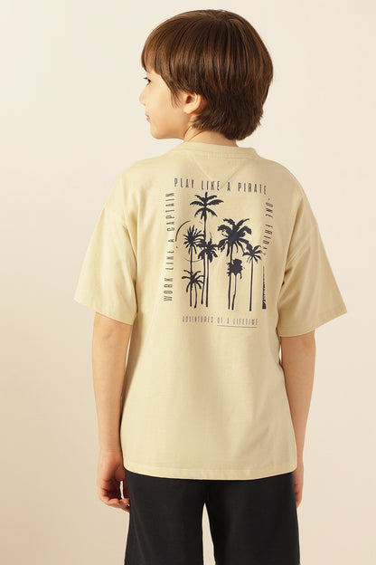 Boys Beige Printed Jersey Lycra T-Shirt