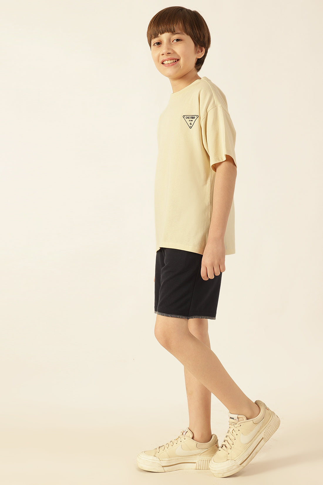Boys Beige Printed Jersey Lycra T-Shirt