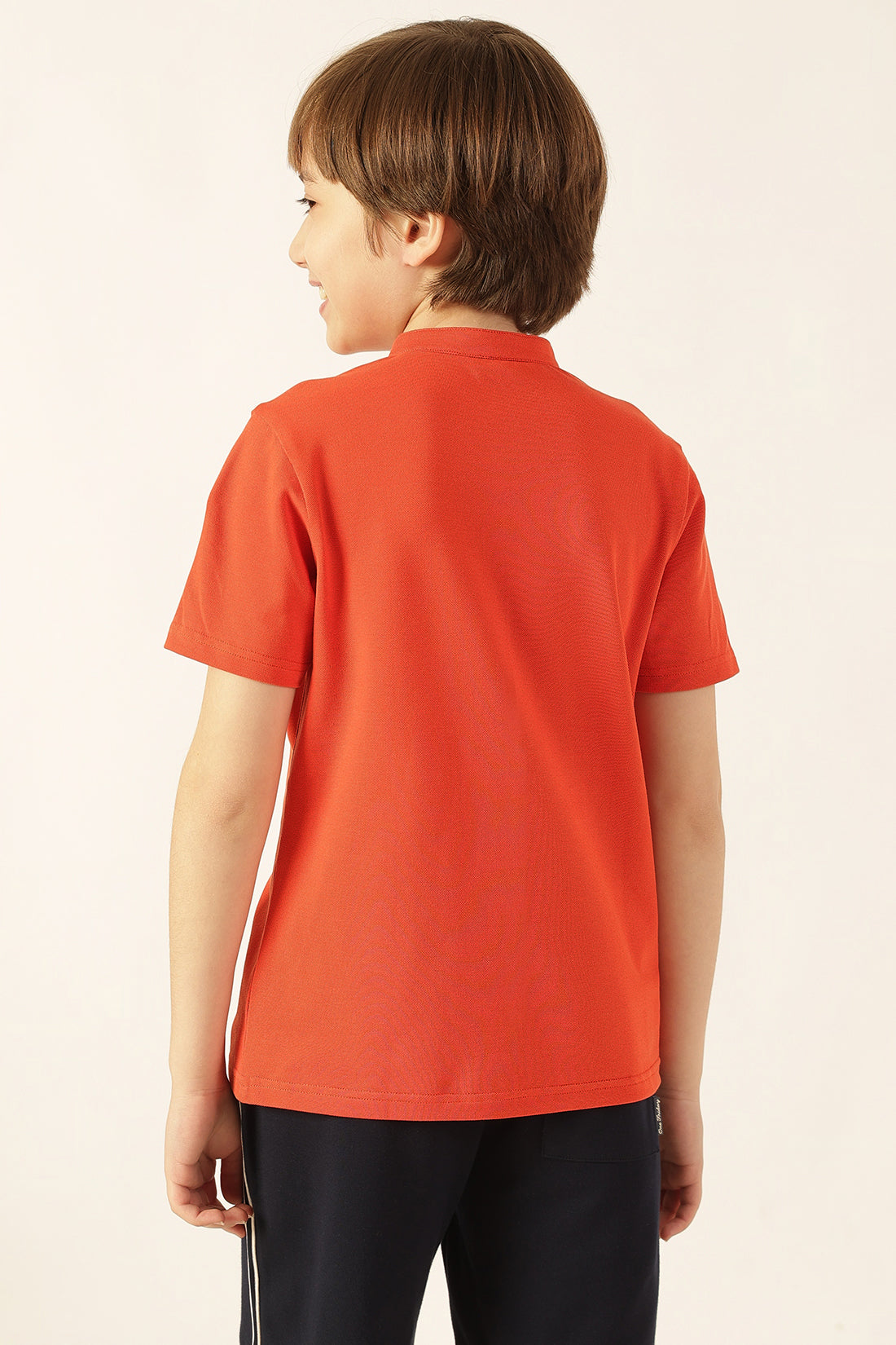 Boys Orange Solid Printed Knit Shirt