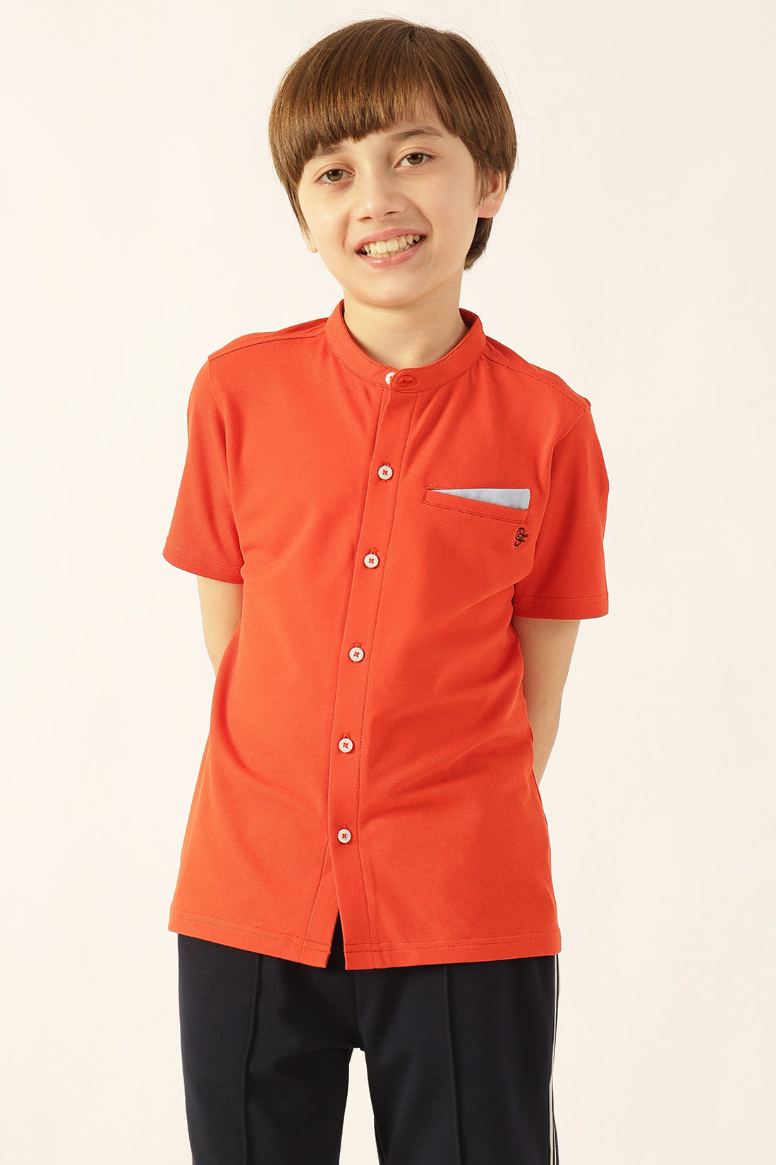 Boys Orange Solid Printed Knit Shirt