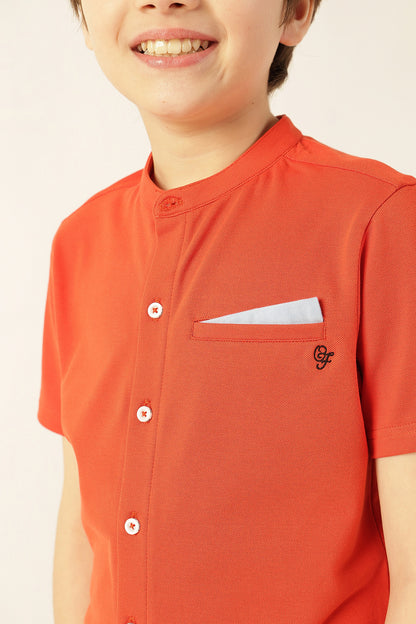 Boys Orange Solid Printed Knit Shirt