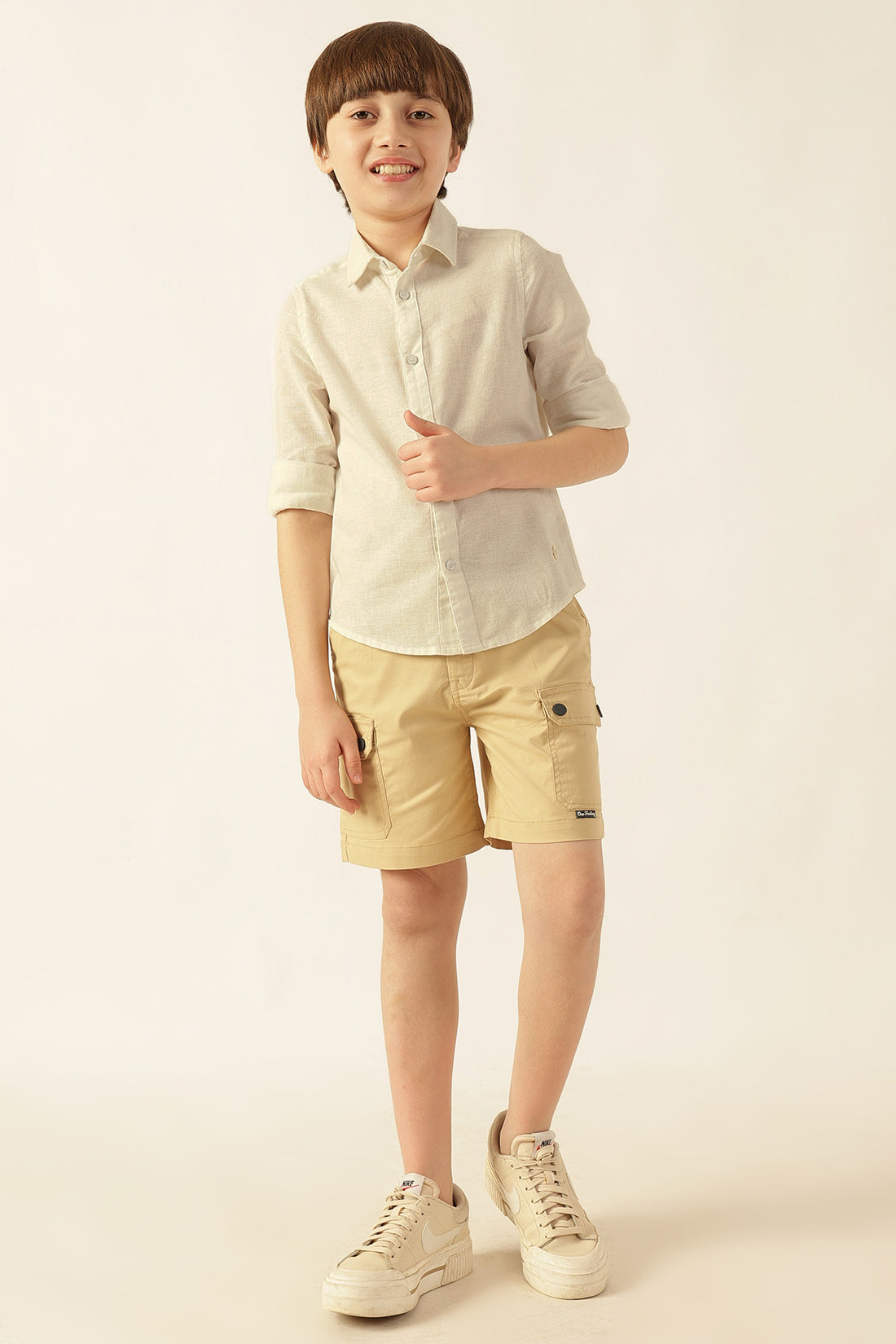 Boys Beige Drawstring Twill Lycra Shorts