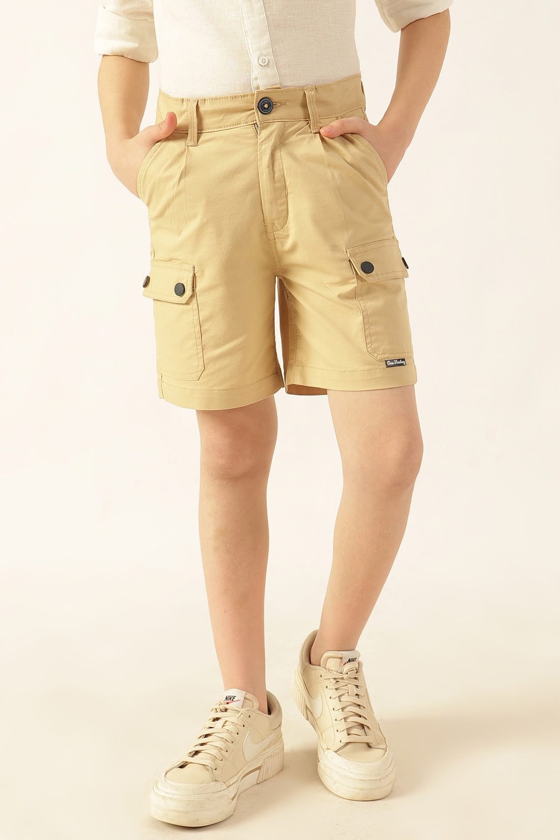 Boys Beige Drawstring Twill Lycra Shorts