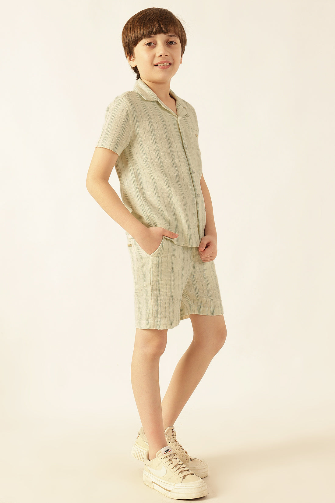 Boys Off White Striped Cotton Shirt