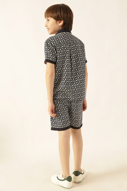 Boys Navy Blue Abstract Cotton Slub Shirt