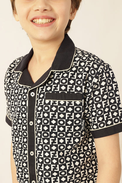 Boys Navy Blue Abstract Cotton Slub Shirt