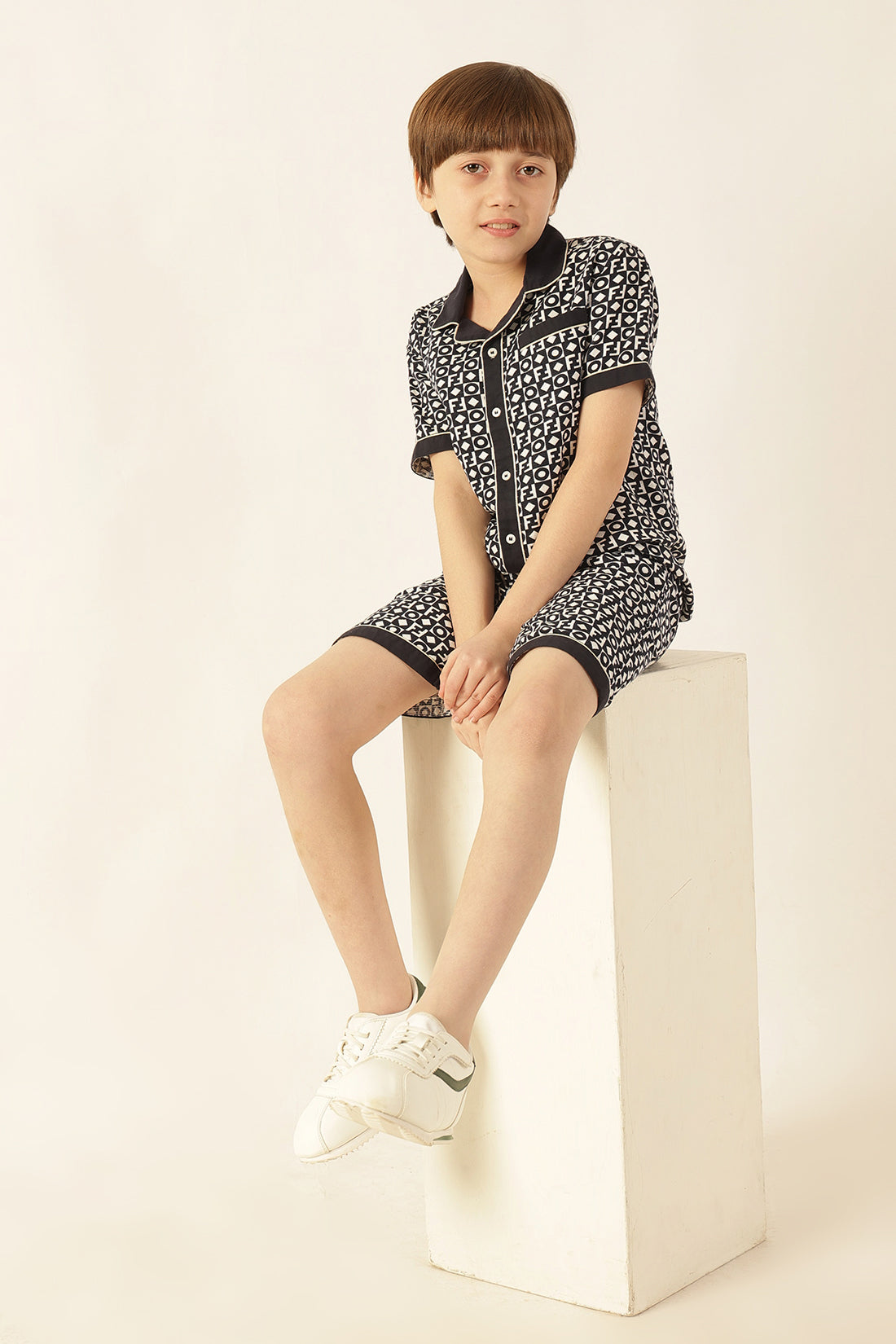 Boys Navy Blue Abstract Cotton Slub Shirt