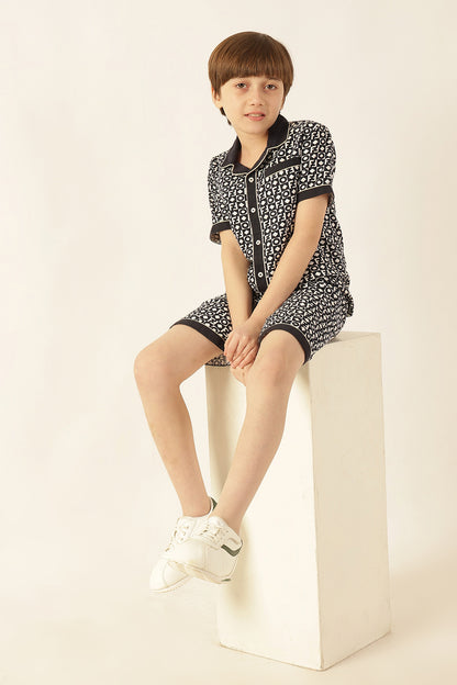 Boys Navy Blue Abstract Cotton Slub Shirt