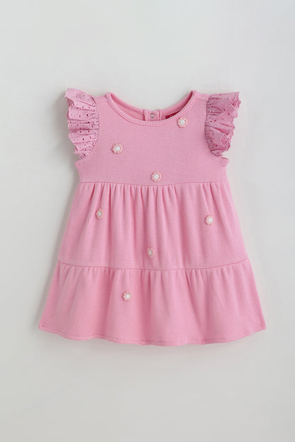 Kids Girls Pink Fit and Flare Frill Sleeve Solid Dress by One Friday