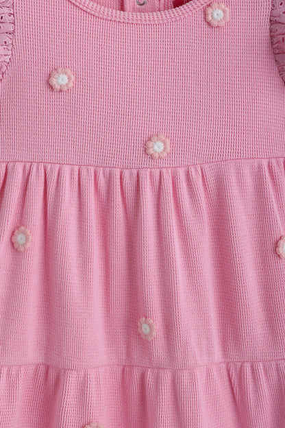 Kids Girls Pink Fit and Flare Frill Sleeve Solid Dress by One Friday