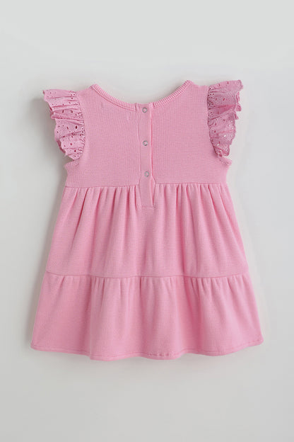 Kids Girls Pink Fit and Flare Frill Sleeve Solid Dress by One Friday