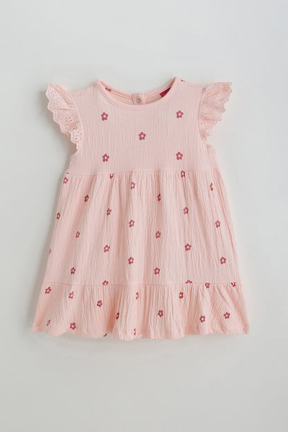 Kids Girls Peach A-Line Frill Sleeve Printed Dress by One Friday