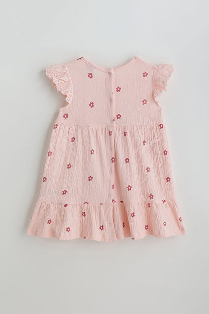 Kids Girls Peach A-Line Frill Sleeve Printed Dress by One Friday