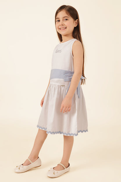 Girls Off White Buttoned Cotton Dress
