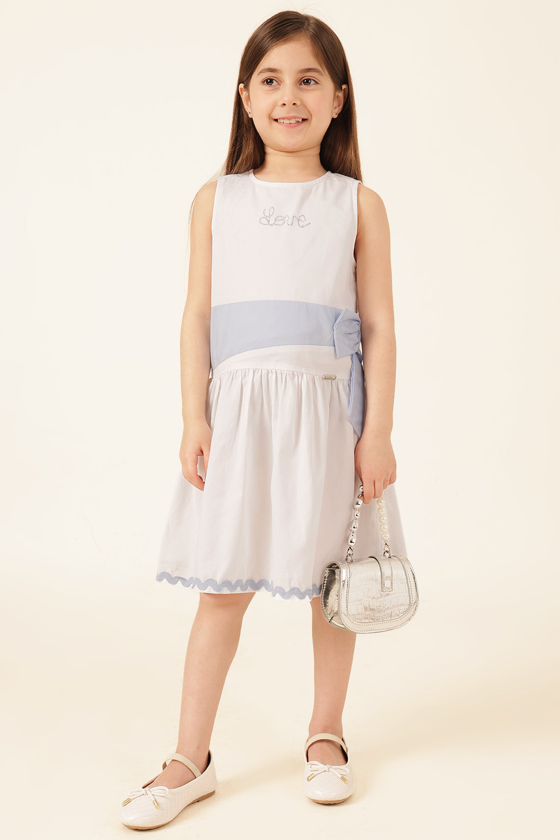 Girls Off White Buttoned Cotton Dress
