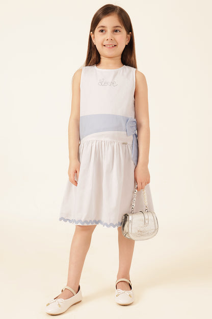 Girls Off White Buttoned Cotton Dress