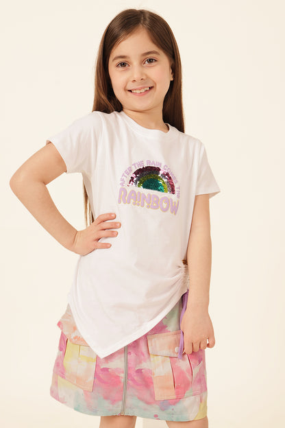 Girls White Embellished Cotton T-Shirt