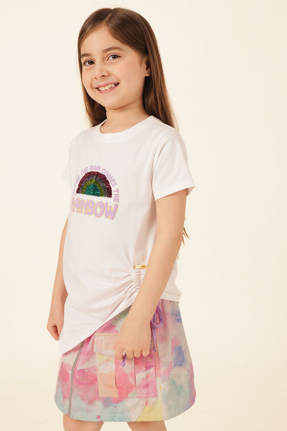 Girls White Embellished Cotton T-Shirt