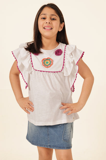 Girls White Ruffle Sleeve Knit Top