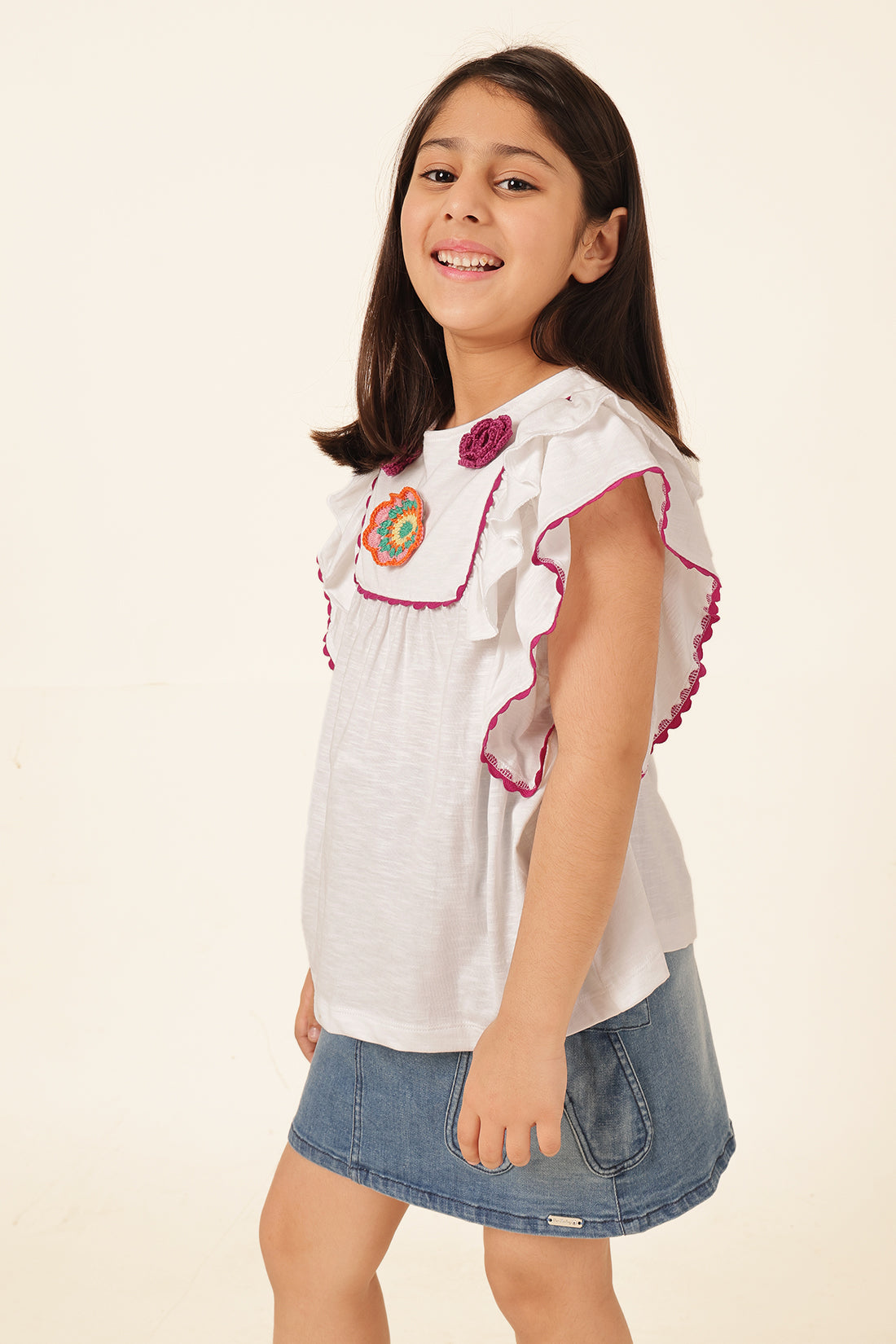 Girls White Ruffle Sleeve Knit Top