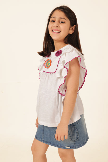 Girls White Ruffle Sleeve Knit Top