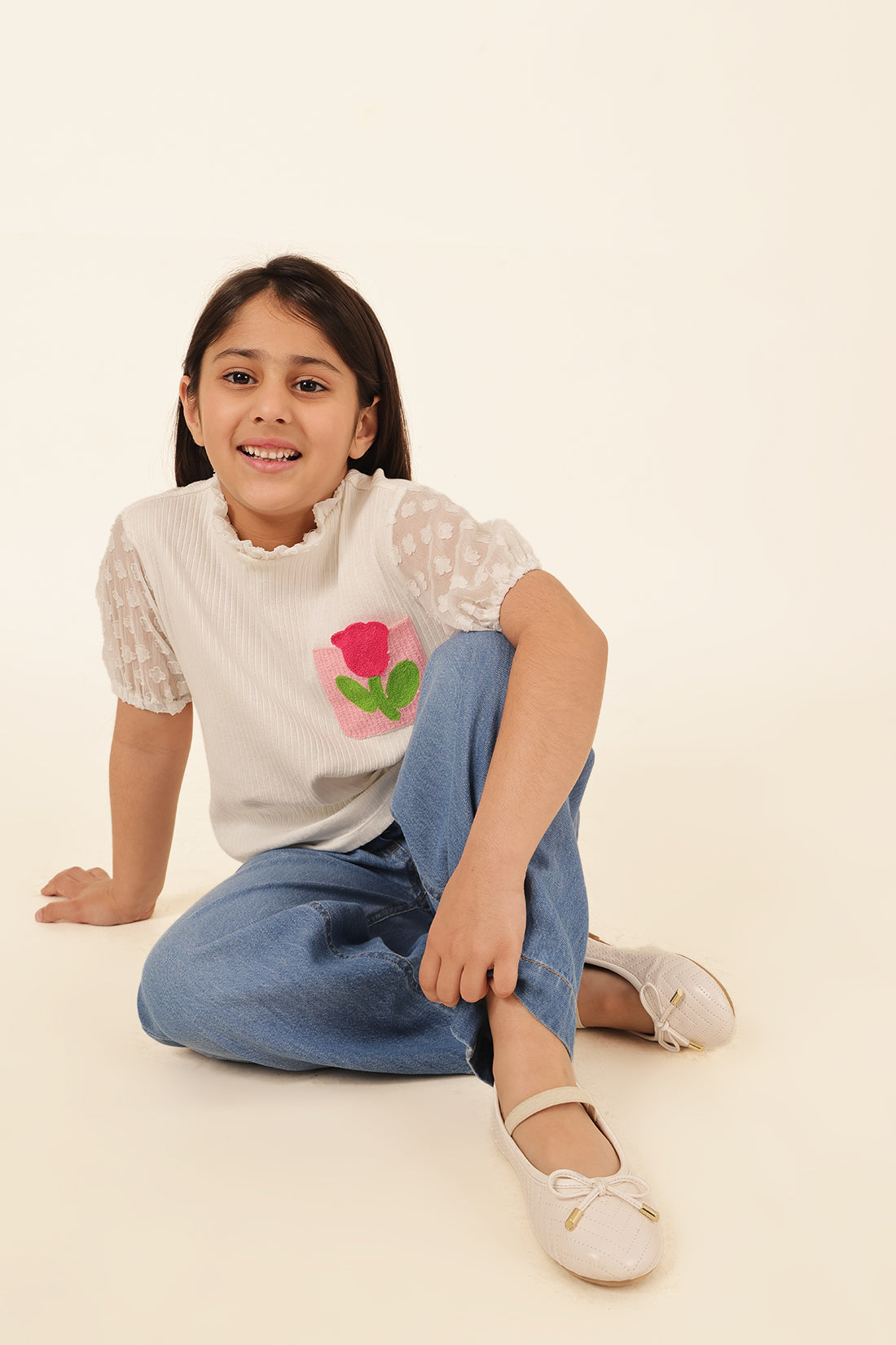 Girls Off White Jacquard Knit Top