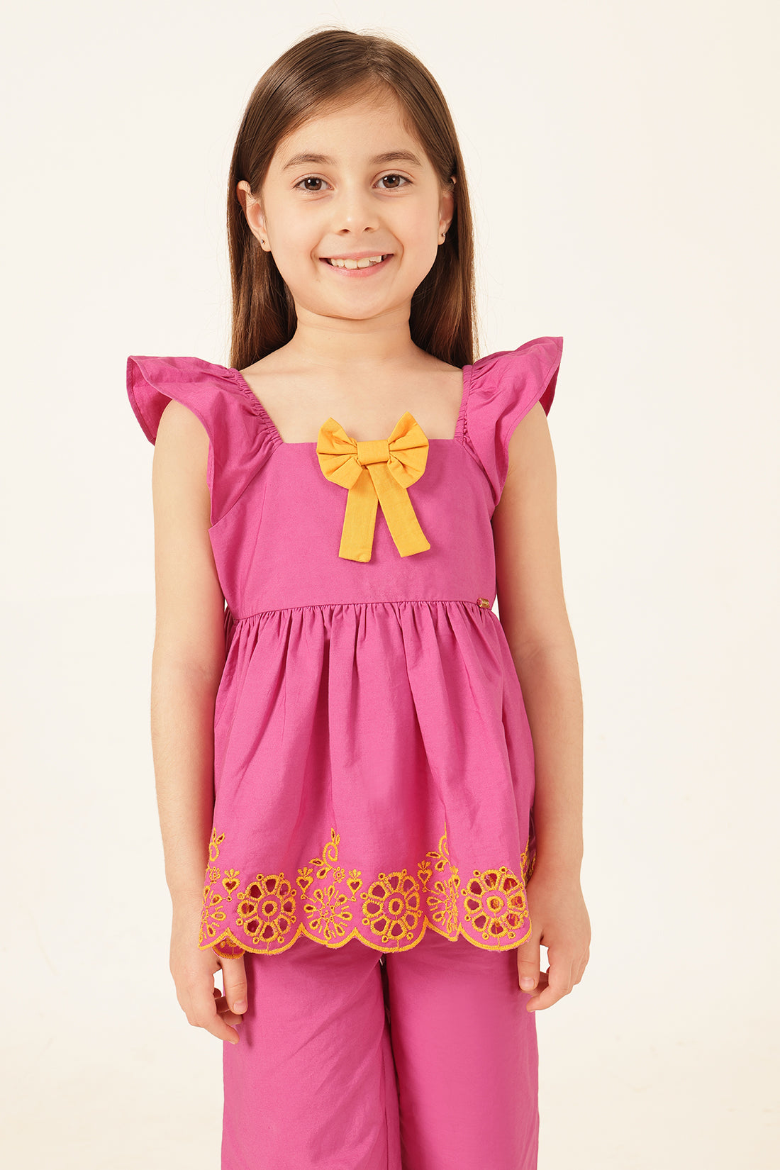 Girls Pink Schiffli Square Neck Top