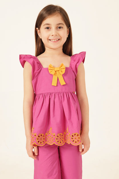 Girls Pink Schiffli Square Neck Top