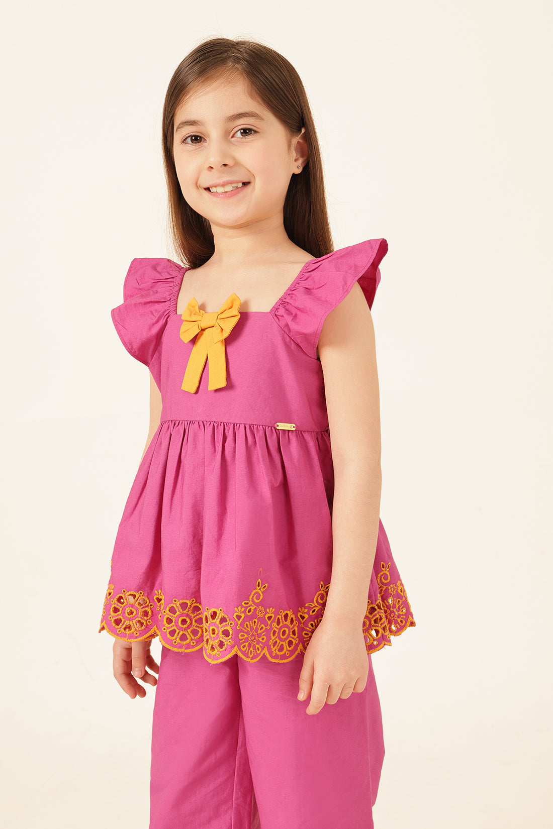 Girls Pink Schiffli Square Neck Top