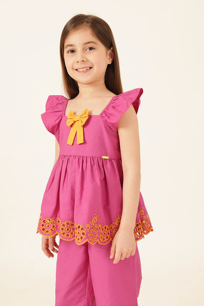 Girls Pink Schiffli Square Neck Top